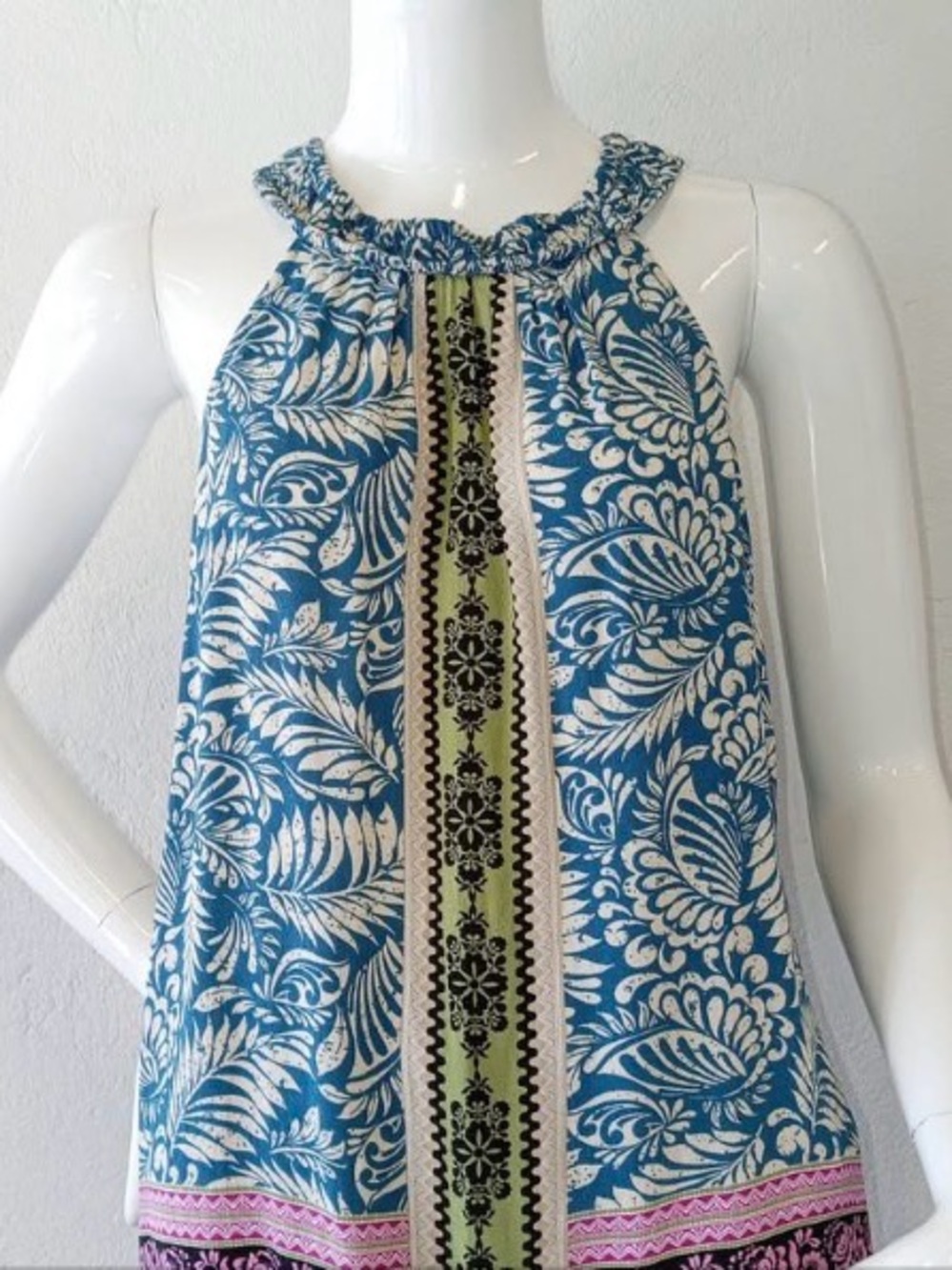 LOFT Teal and Cream Floral Halter with Olive Center Stripe